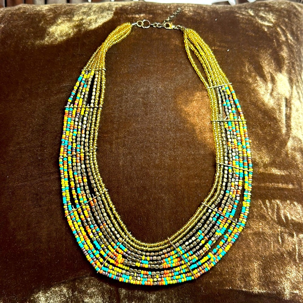 Vintage Seed Bead Tribal Multi Strand Bib Necklace 18” total length; 10” worn